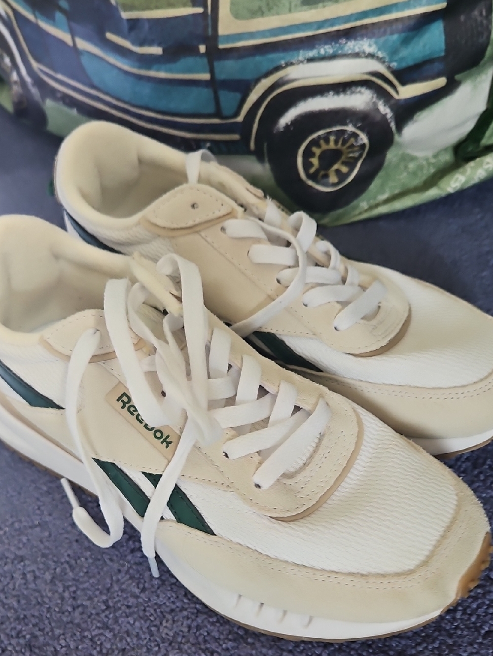 Reebok Cream and Dark Green Retro Runner Sneakers
